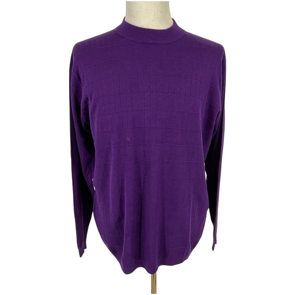 Travelsmith‎ Mens Purple Luxury Silk Cotton Mock Neck Grid Pattern Sweater L